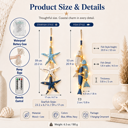23.2 in × 6.7 in Lighted Coastal Wooden Starfish & Fish Hanging Decor