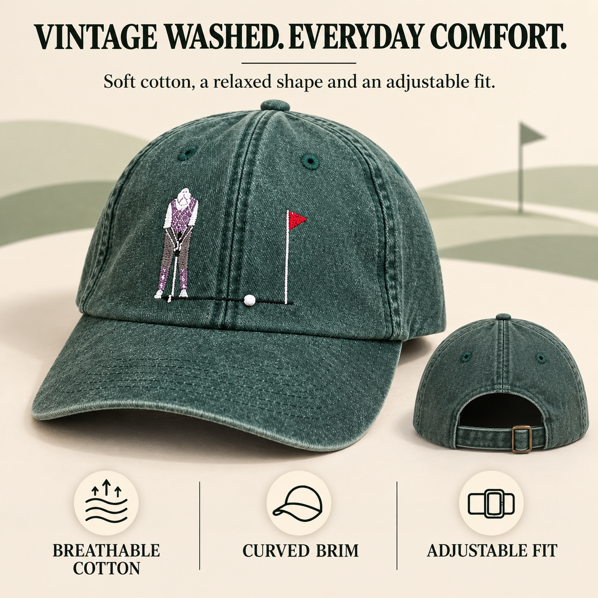 Front and back views of the washed golf cap with curved brim and adjustable closure