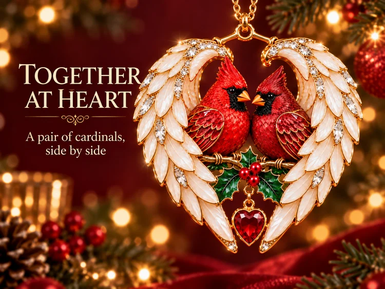 Angel wings wrapping a bird pair in a heart-shaped ornament
