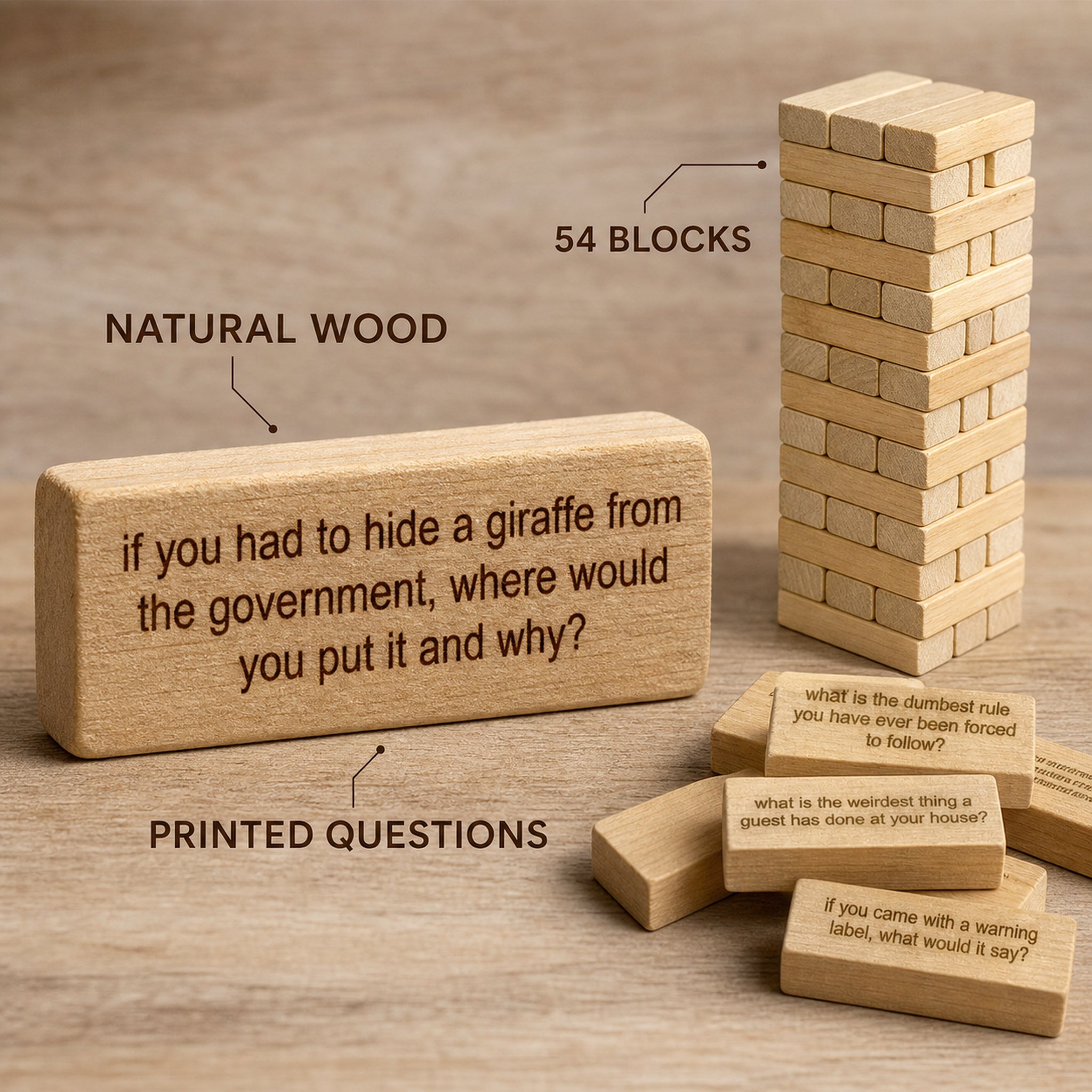 Wooden question blocks showing 54 block count and printed prompts