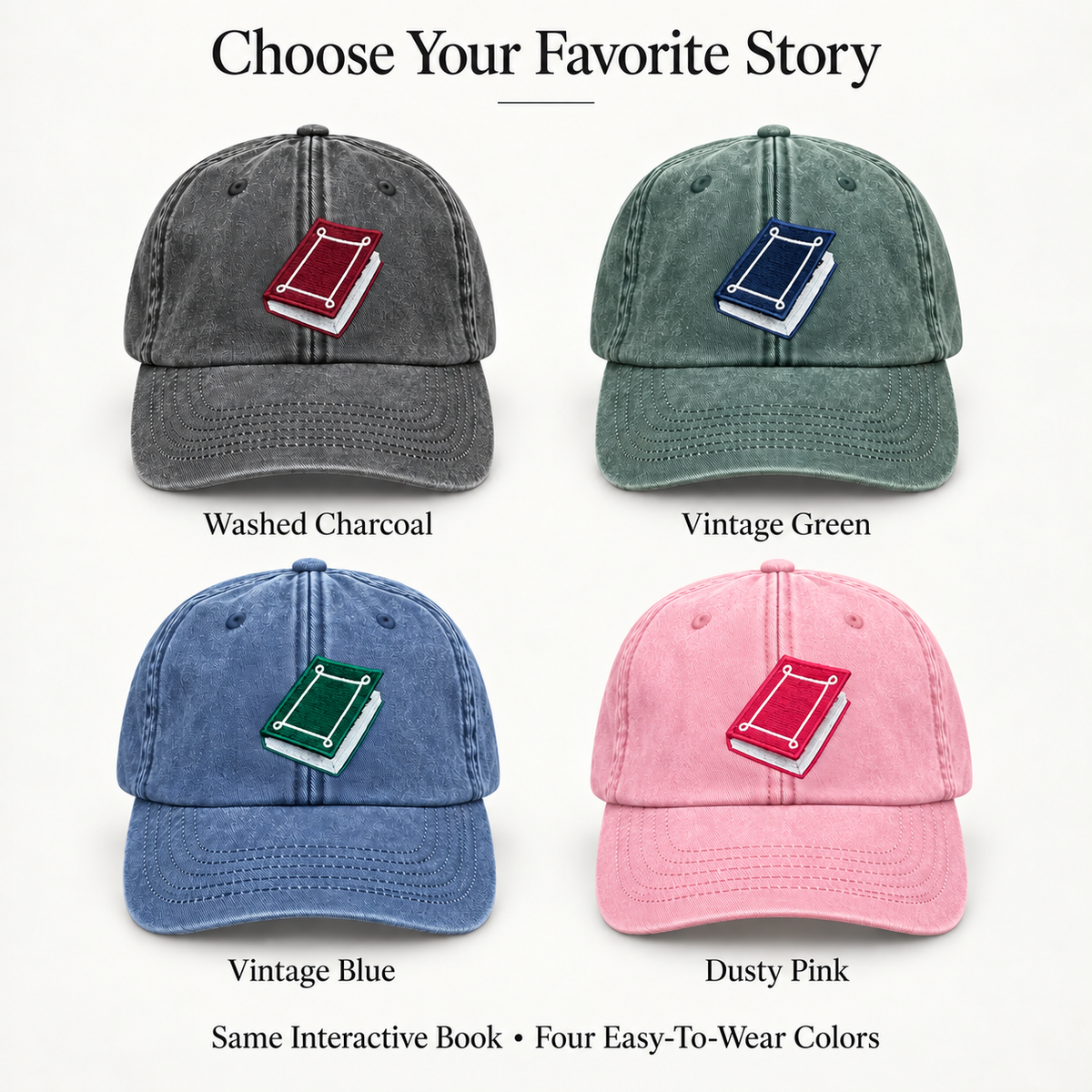 📚 Once Upon a Time Interactive Book Hat – Vintage Washed Reader Cap