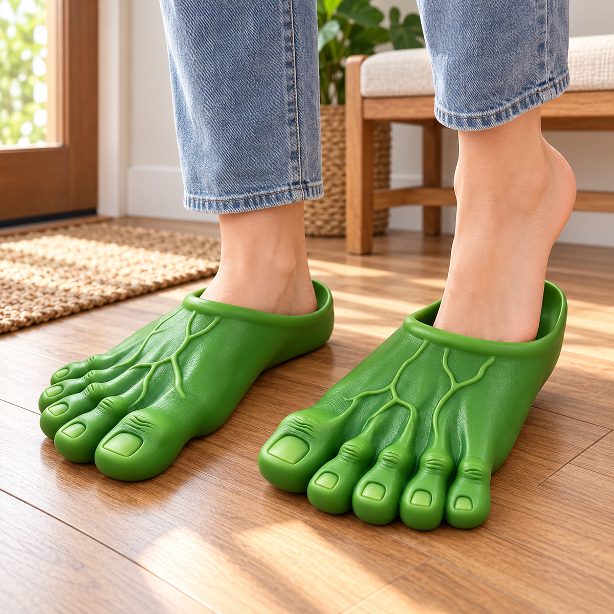 Person wearing green Giant Toe Slippers indoors