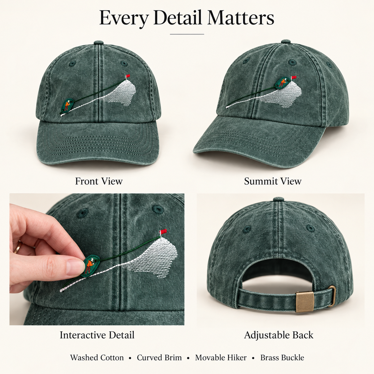 Front, side, interactive and adjustable back views of mountain hat