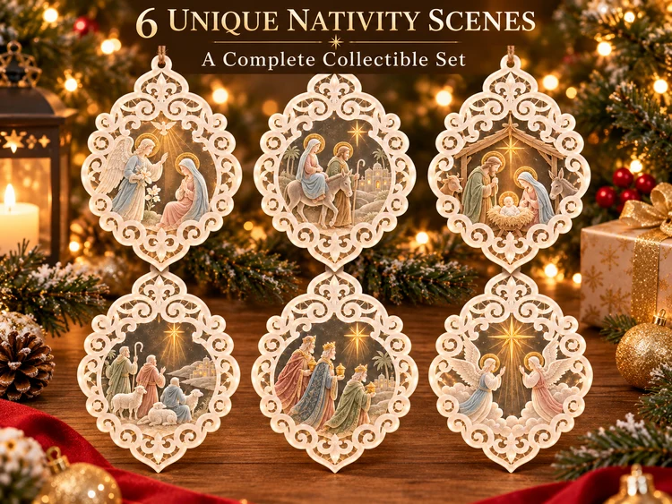 ✝️👼6-Piece Nativity Christmas Ornaments – Holy Family, Three Wise Men & Angels