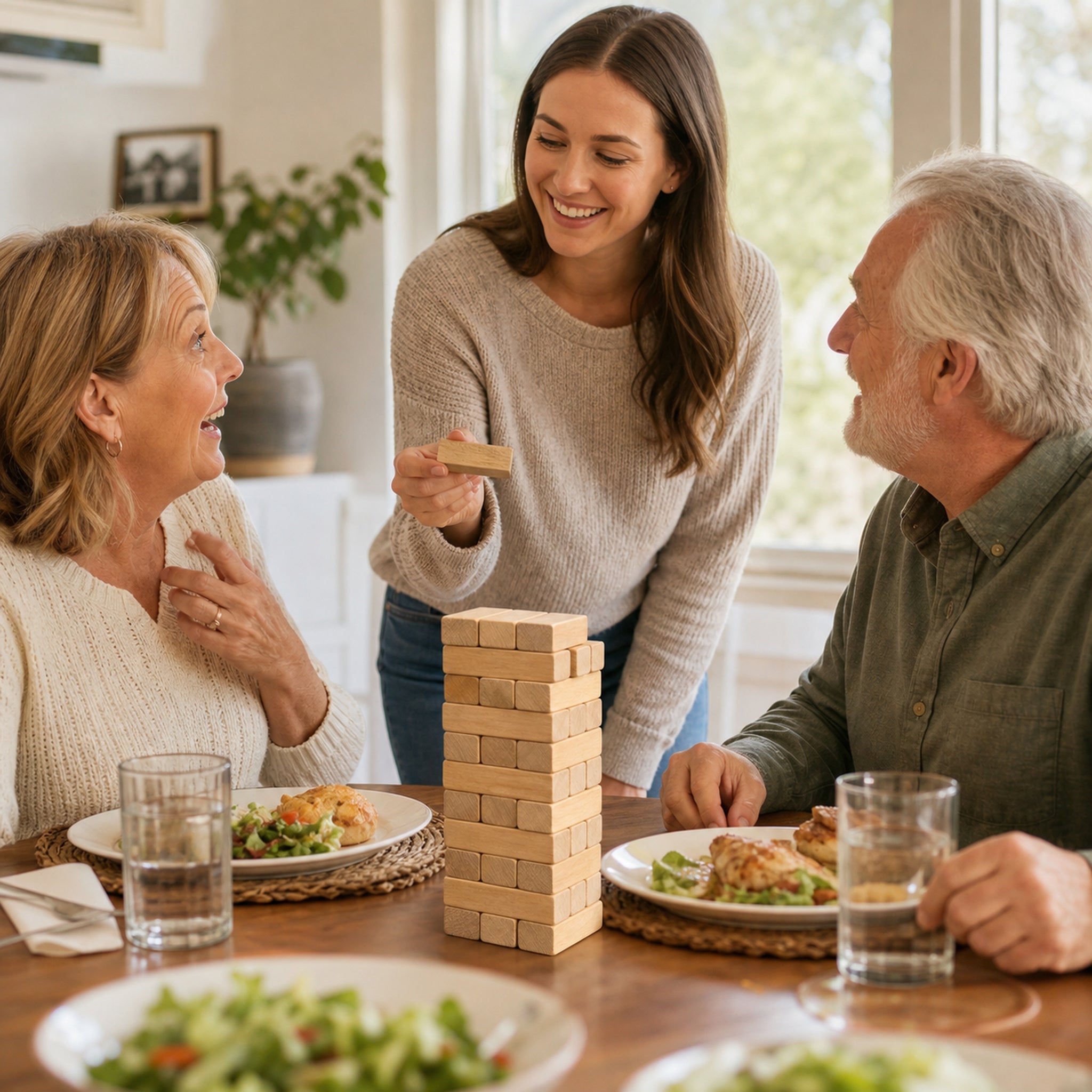 Family using the question tower together at the dinner table