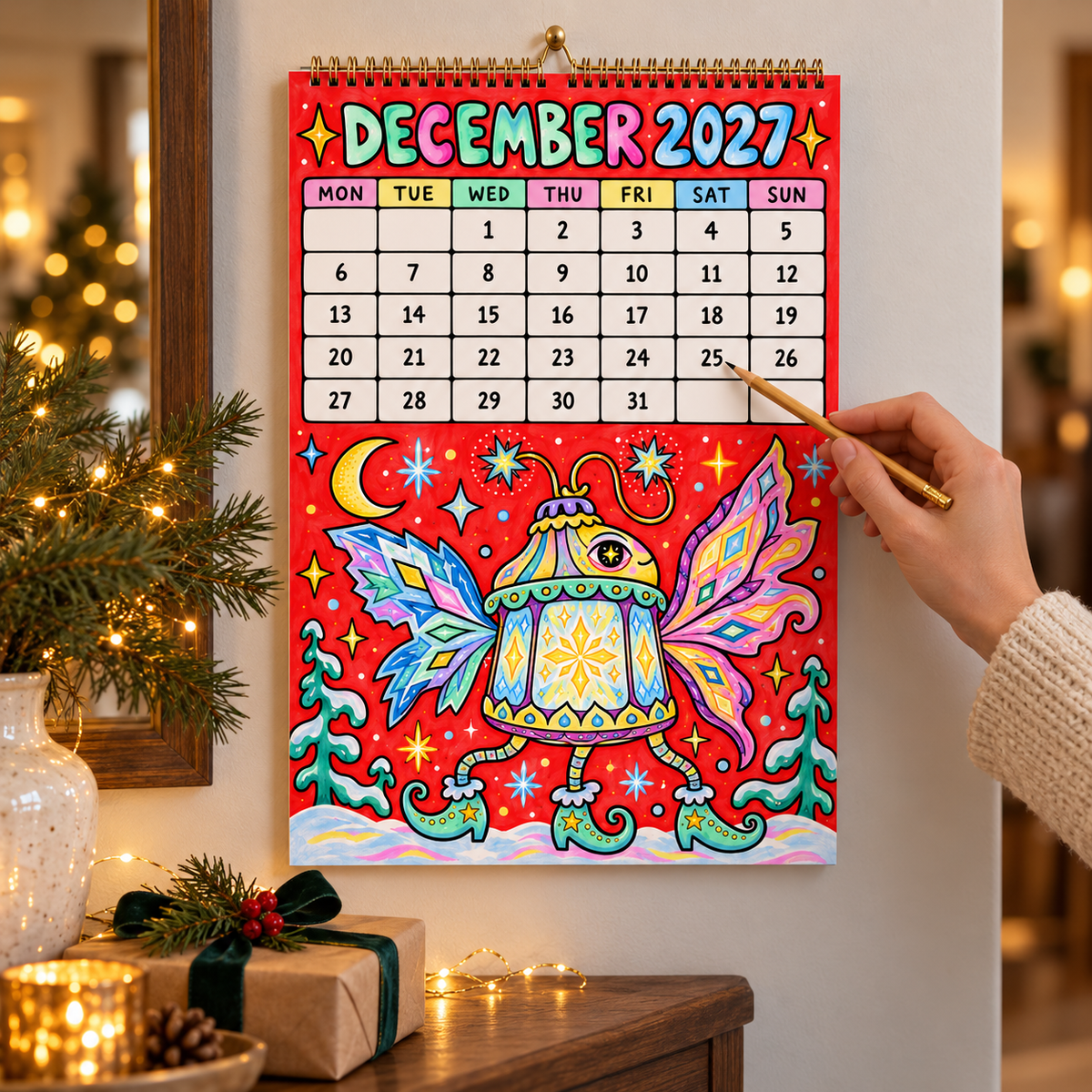 December 2027 illustrated calendar page