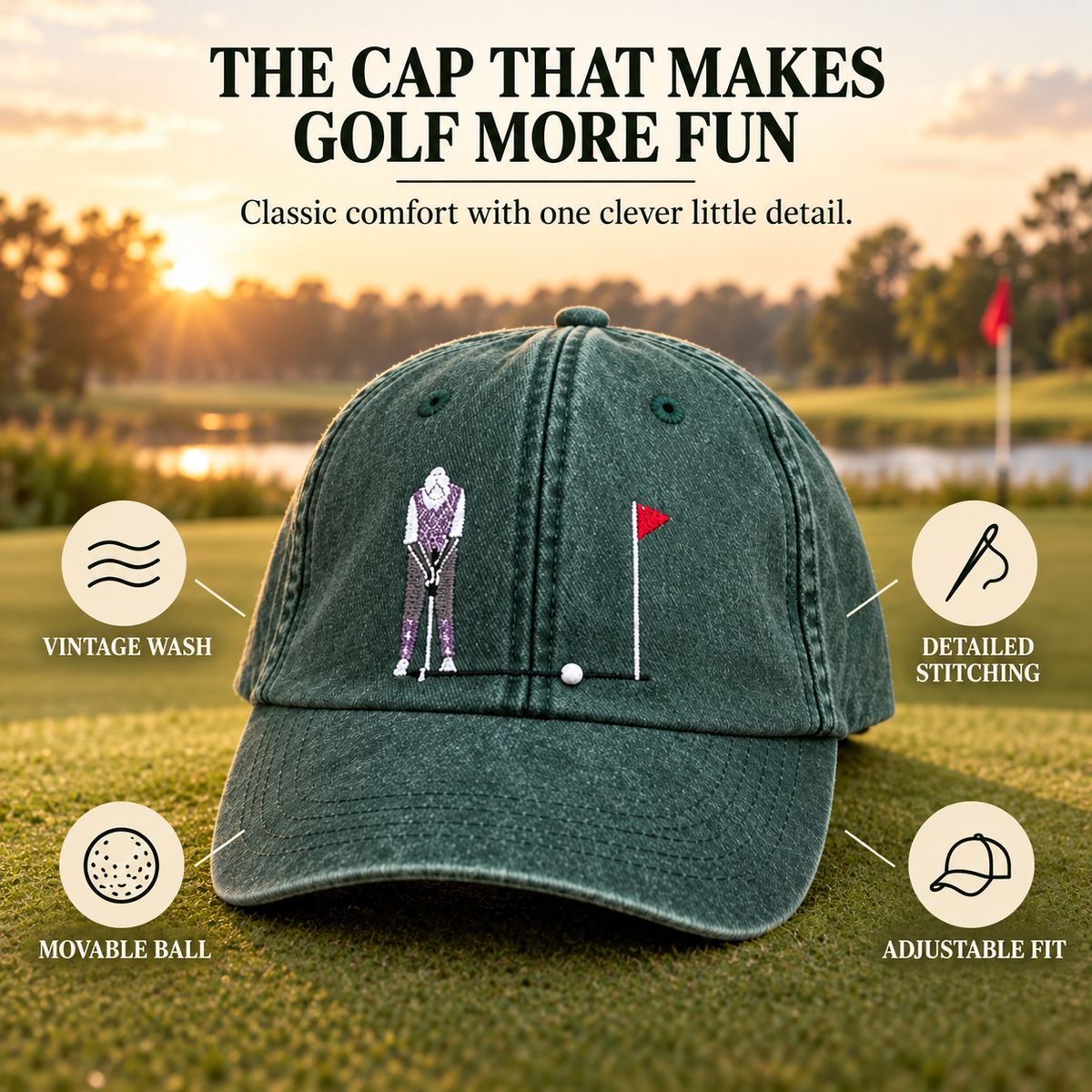 ⛳Interactive Golf Ball Cap – Vintage Washed Embroidered Golf Hat