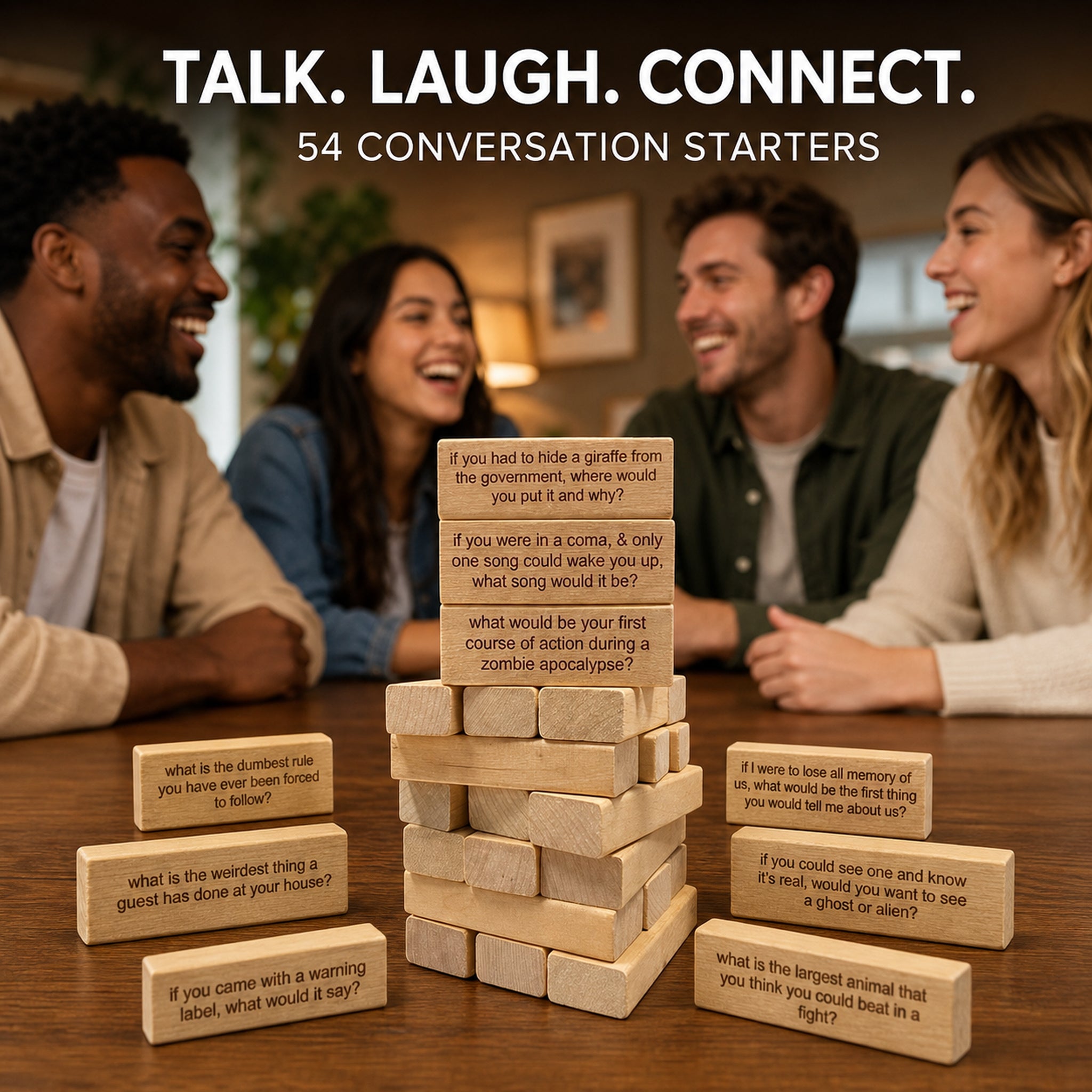Talk laugh connect scene with 54 conversation starter blocks