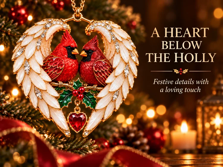 Angel wing heart ornament reflecting warm Christmas tree lights