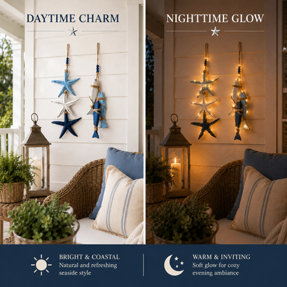 23.2 in × 6.7 in Lighted Coastal Wooden Starfish & Fish Hanging Decor