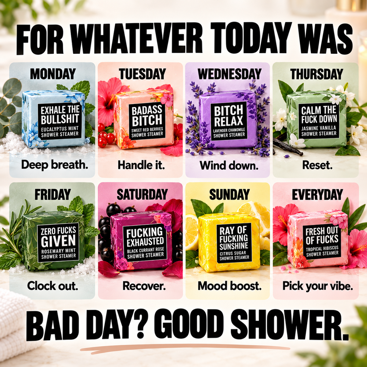 ✨Bad Day Shower Steamers Gift Set – 8 Scented Self-Care Shower Tablets