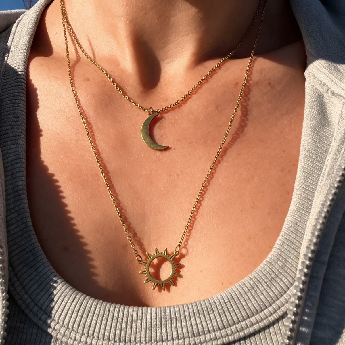 Sun and Moon Layered Necklace – Celestial Pendant Necklace for Women