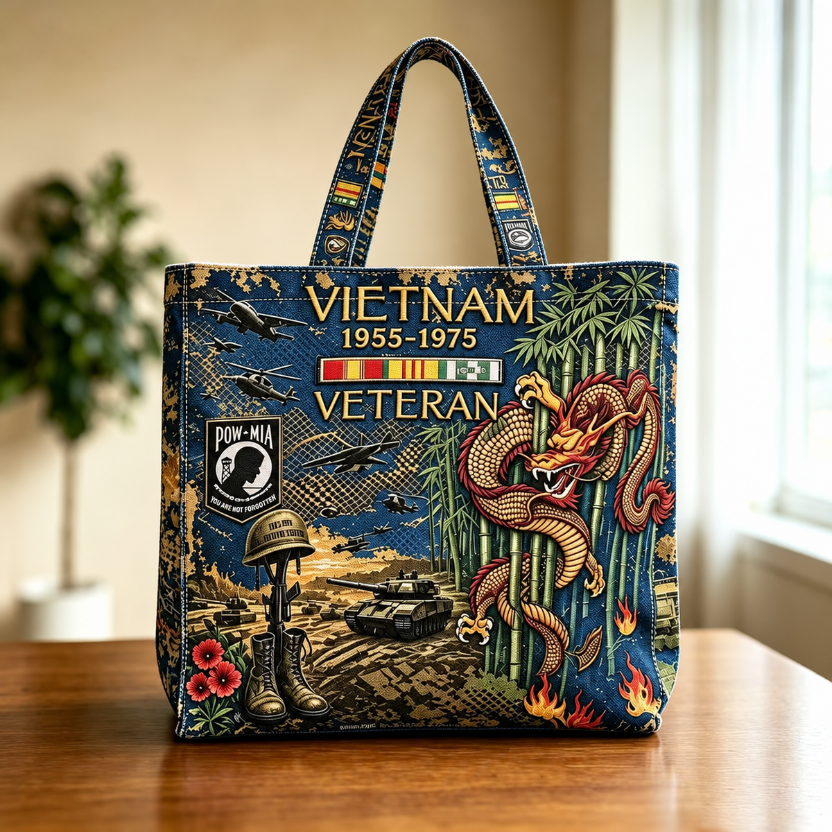 🌹🪖Vietnam Veteran Canvas Tote Bag – Embroidered Tribute Gift