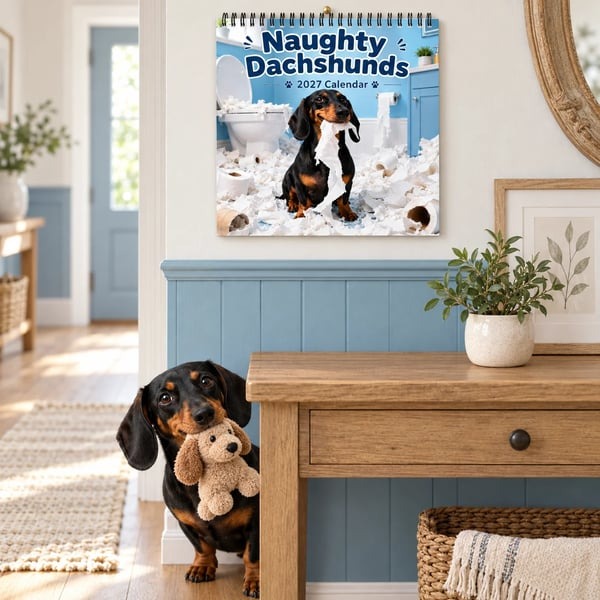 Naughty Dachshunds wall calendar displayed in a hallway