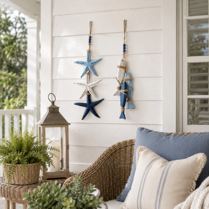 23.2 in × 6.7 in Lighted Coastal Wooden Starfish & Fish Hanging Decor