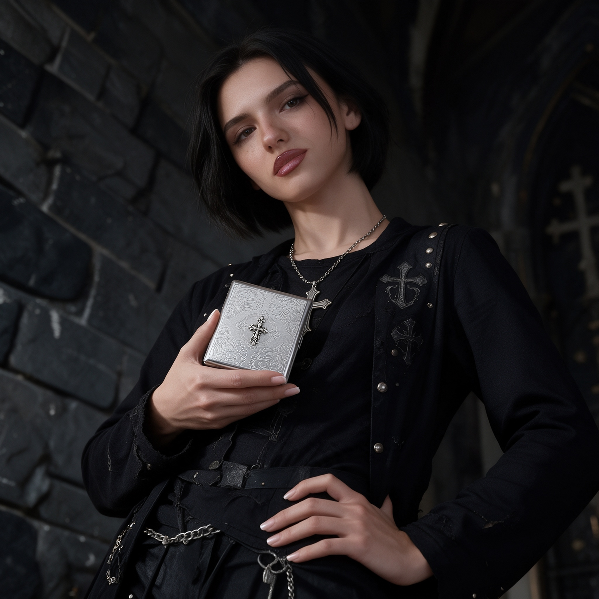 Metal wallet case held against an outfit