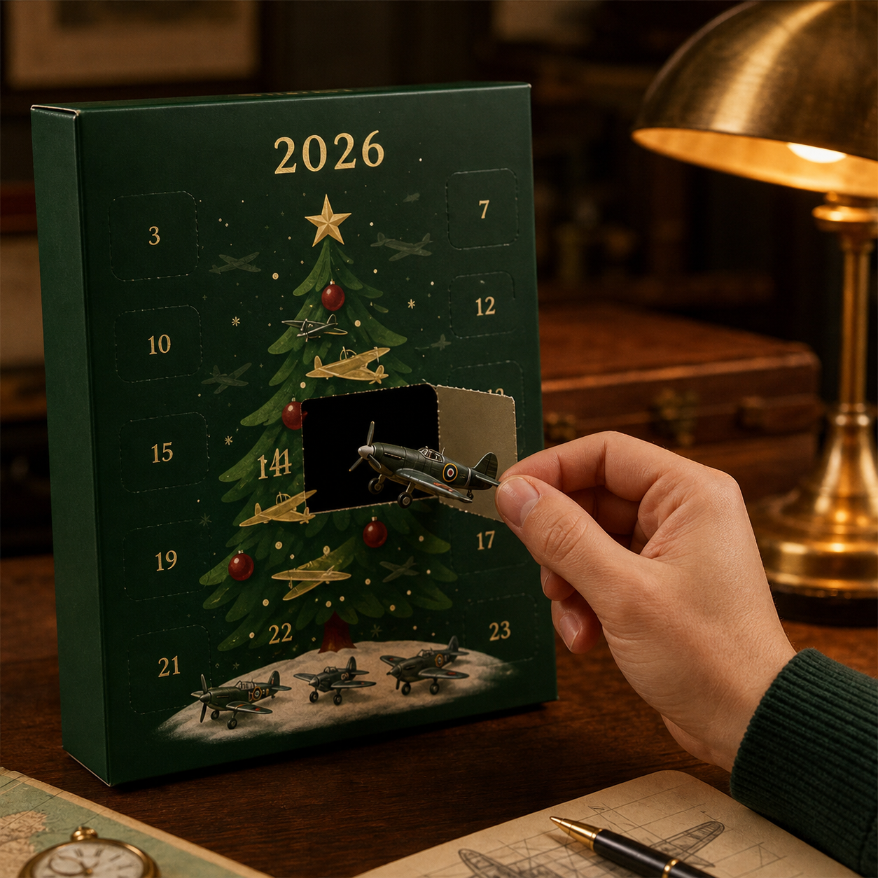 Hand revealing a solid three-dimensional miniature aircraft from a numbered advent calendar door