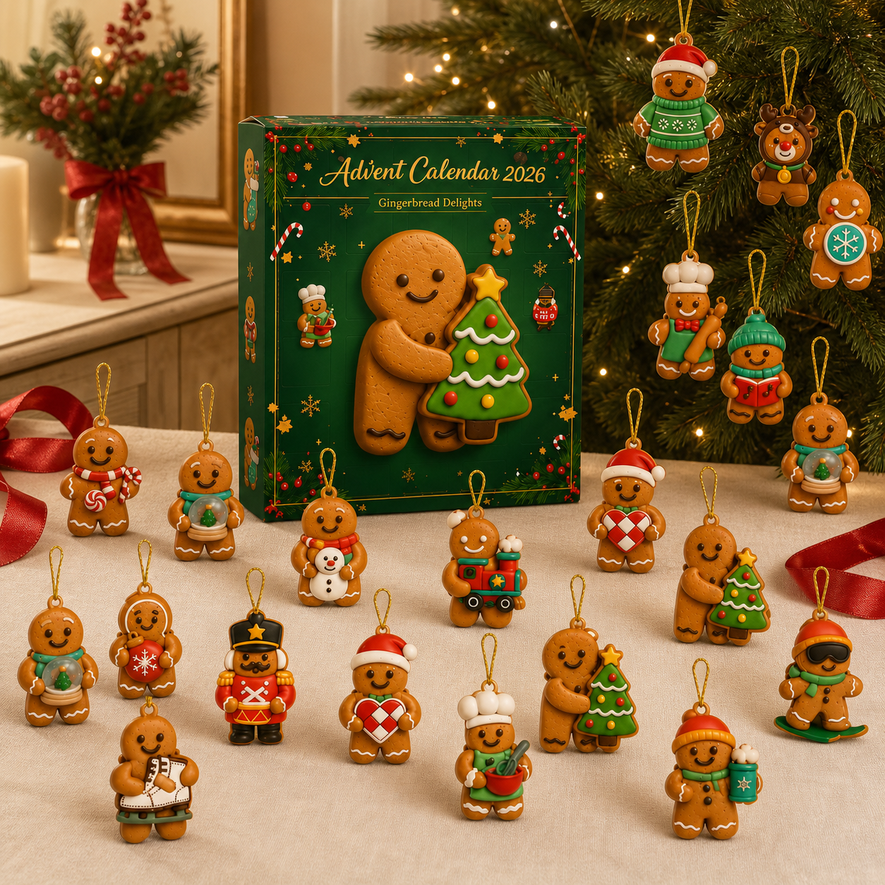 2026 Gingerbread Advent Calendar with colorful gingerbread ornaments