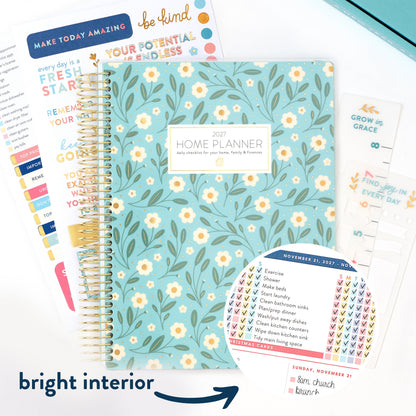 2027 blue floral home planner cover with bright interior callout