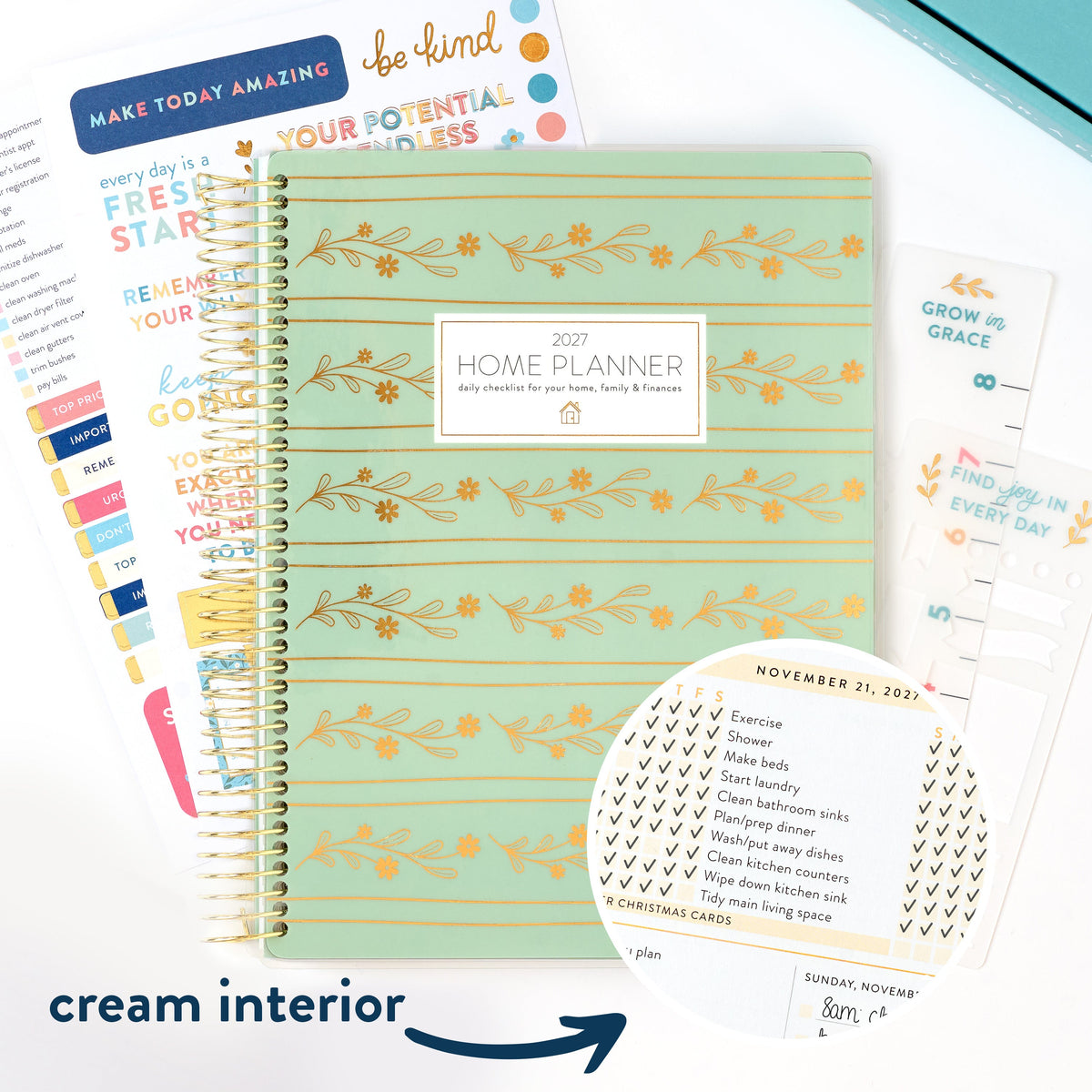 2027 green leaves home planner cover with cream interior callout