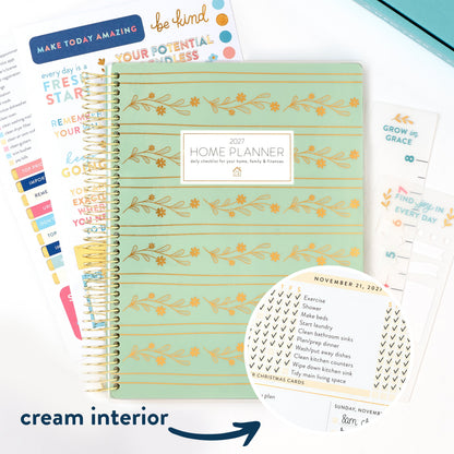2027 green leaves home planner cover with cream interior callout