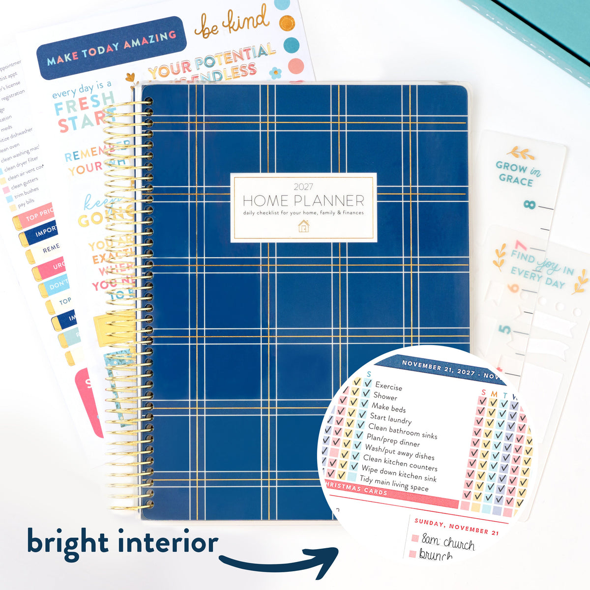 2027 navy plaid home planner cover with bright interior callout