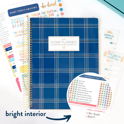 2027 navy plaid home planner cover with bright interior callout