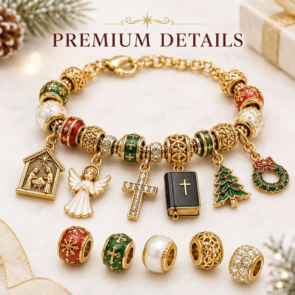 Close view of Christian and Christmas charms and decorative bracelet beads