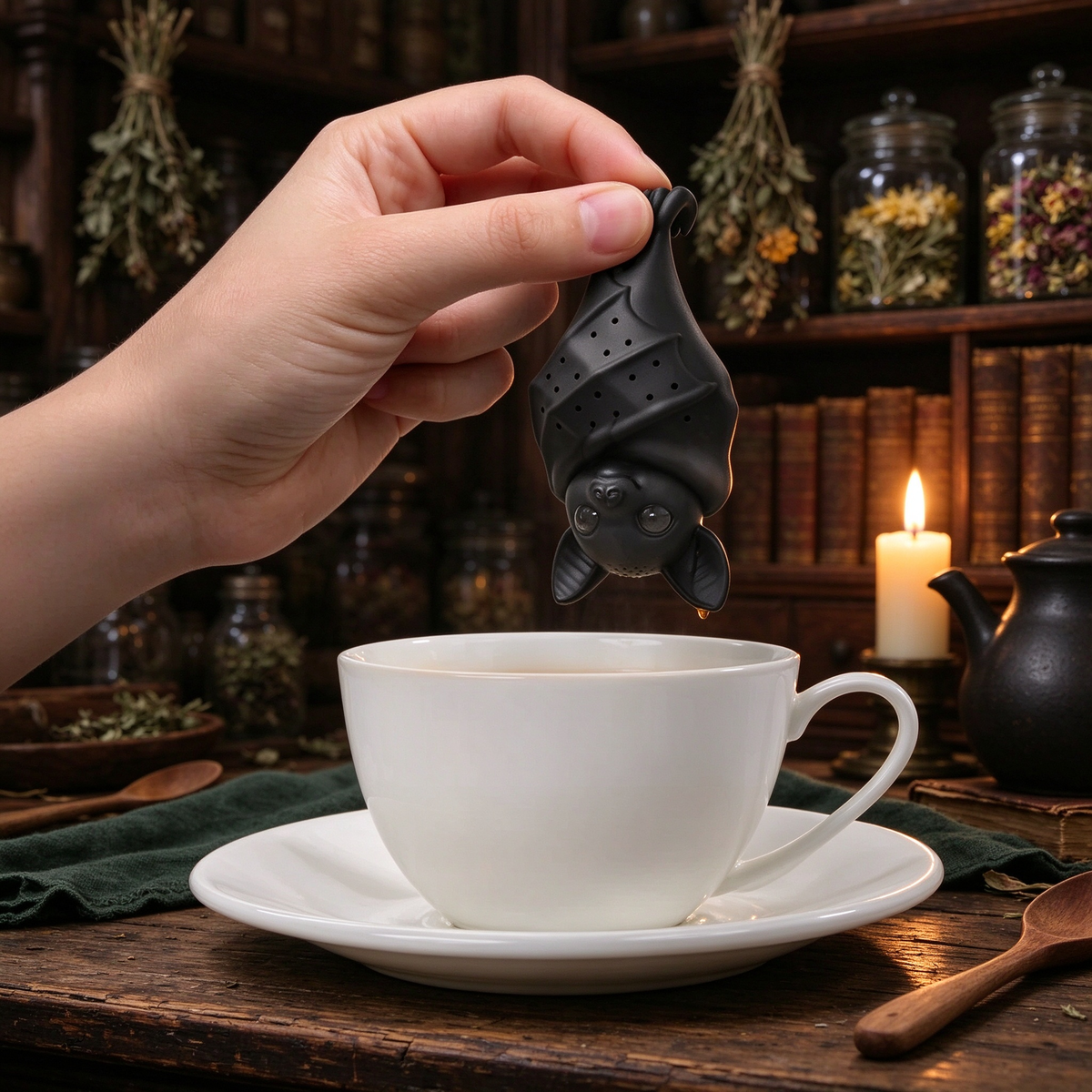 Bat tea infuser held above a teacup