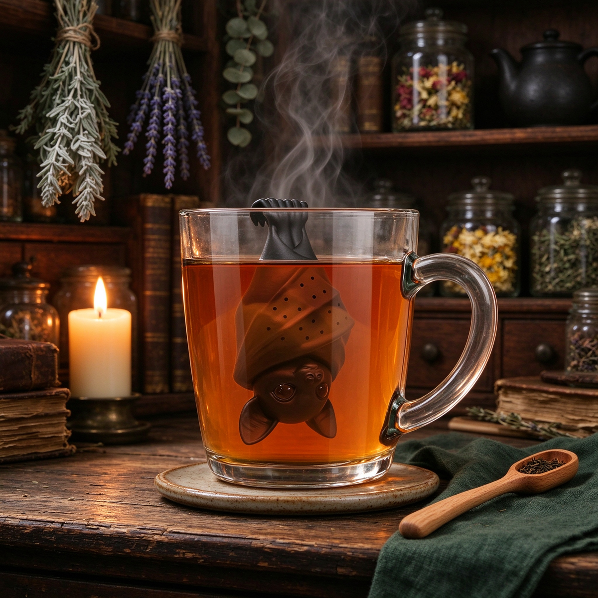 Bat tea infuser steeping in a glass cup of tea
