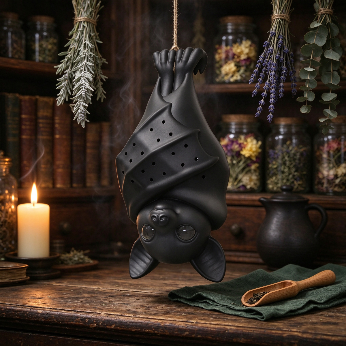 Close-up of black bat tea infuser