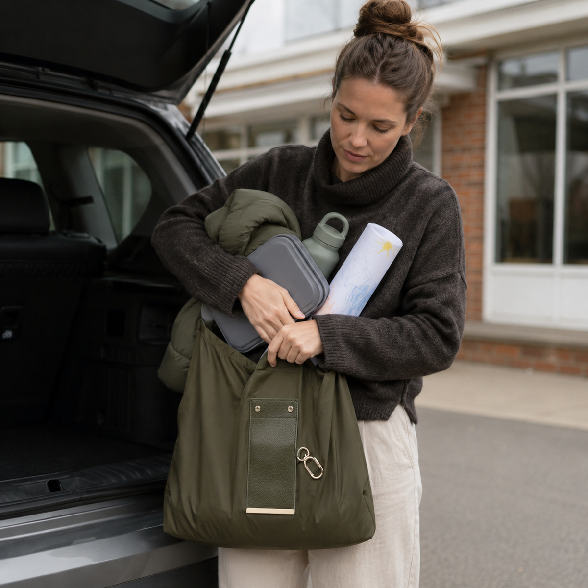 Woman loading everyday items into an olive foldable tote by her car
