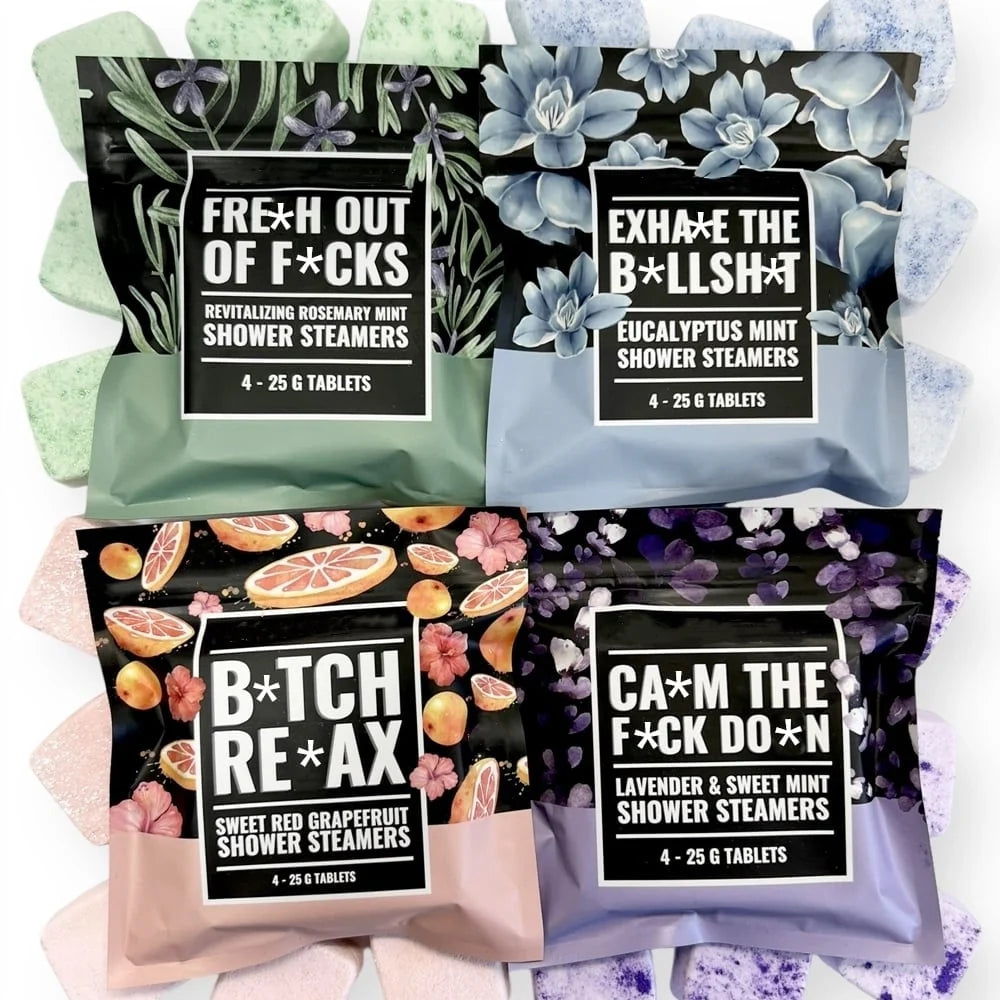 Four Swear Shower Steamers scent pouches with matching tablets