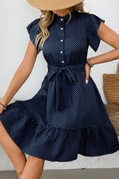 Fashion Polka Dots Print Tie Waist Casual Dress