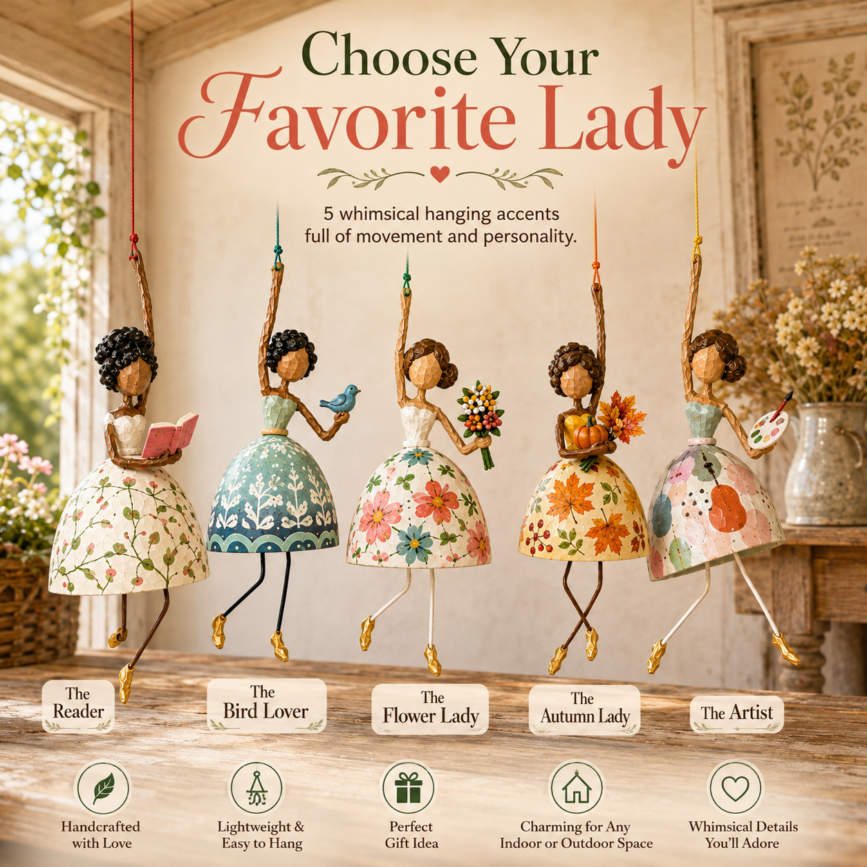 Five Whimsical Dancing Lady hanging ornament styles