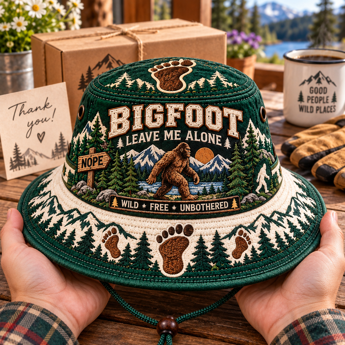 🦶🌲 Bigfoot “Leave Me Alone” Embroidered Boonie Hat — Wild, Free & Unbothered