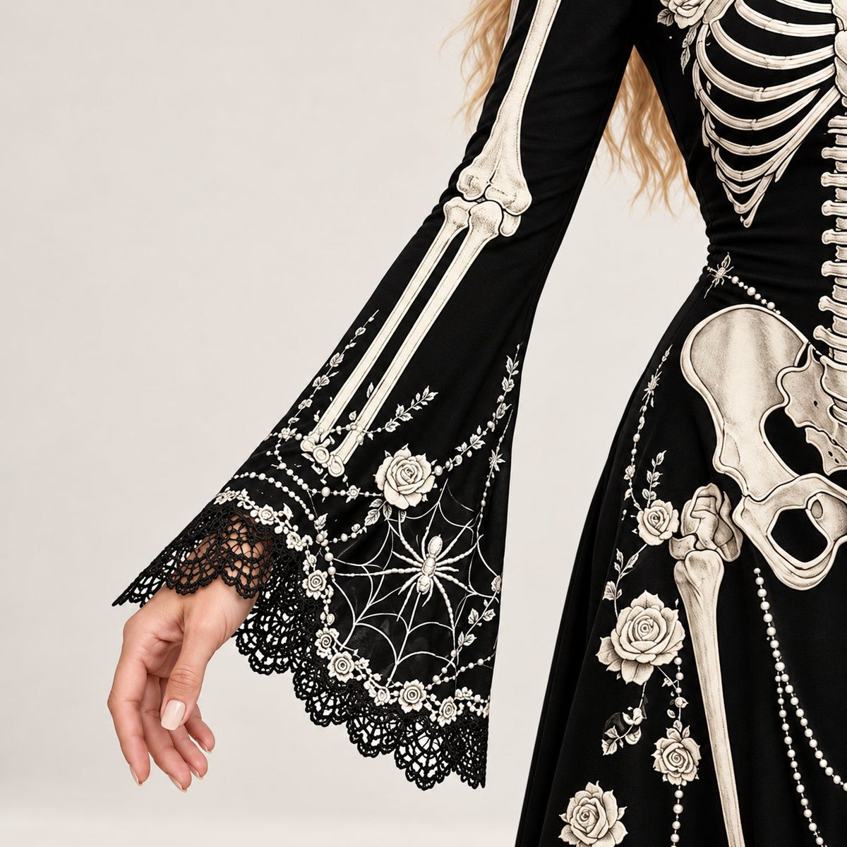 🖤 Gothic Skeleton Rose Maxi Dress