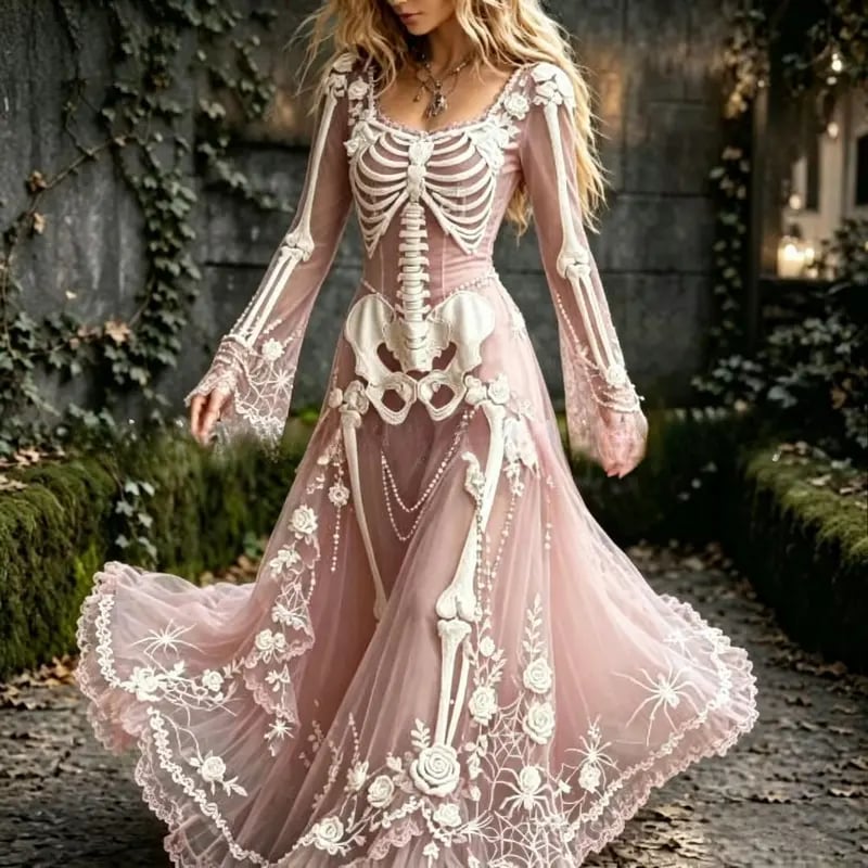 🖤 Gothic Skeleton Rose Maxi Dress