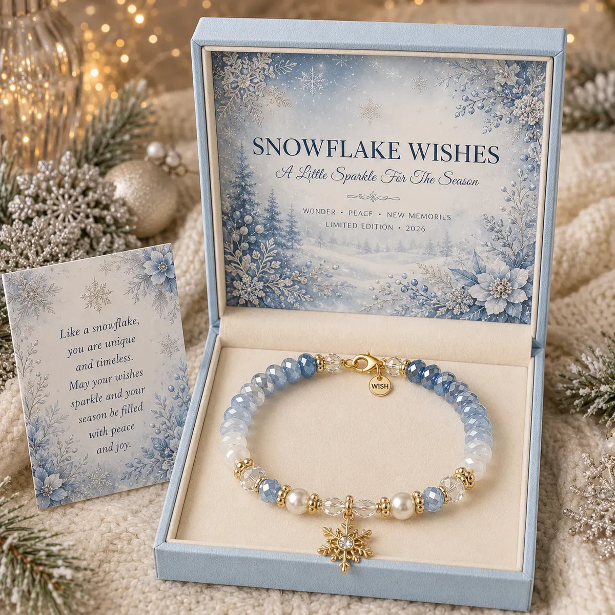 Snowflake Wishes bracelet with blue beads and gold-tone snowflake charm