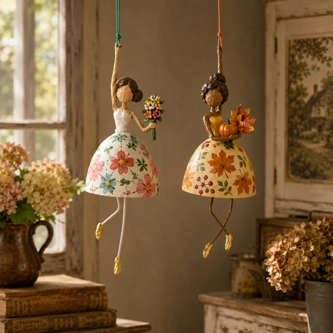 Bouquet Lady and Harvest Lady hanging ornaments displayed together
