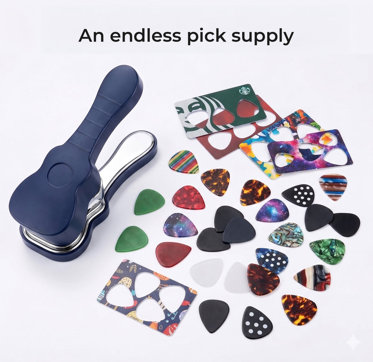 Guitar pick maker with a variety of finished picks