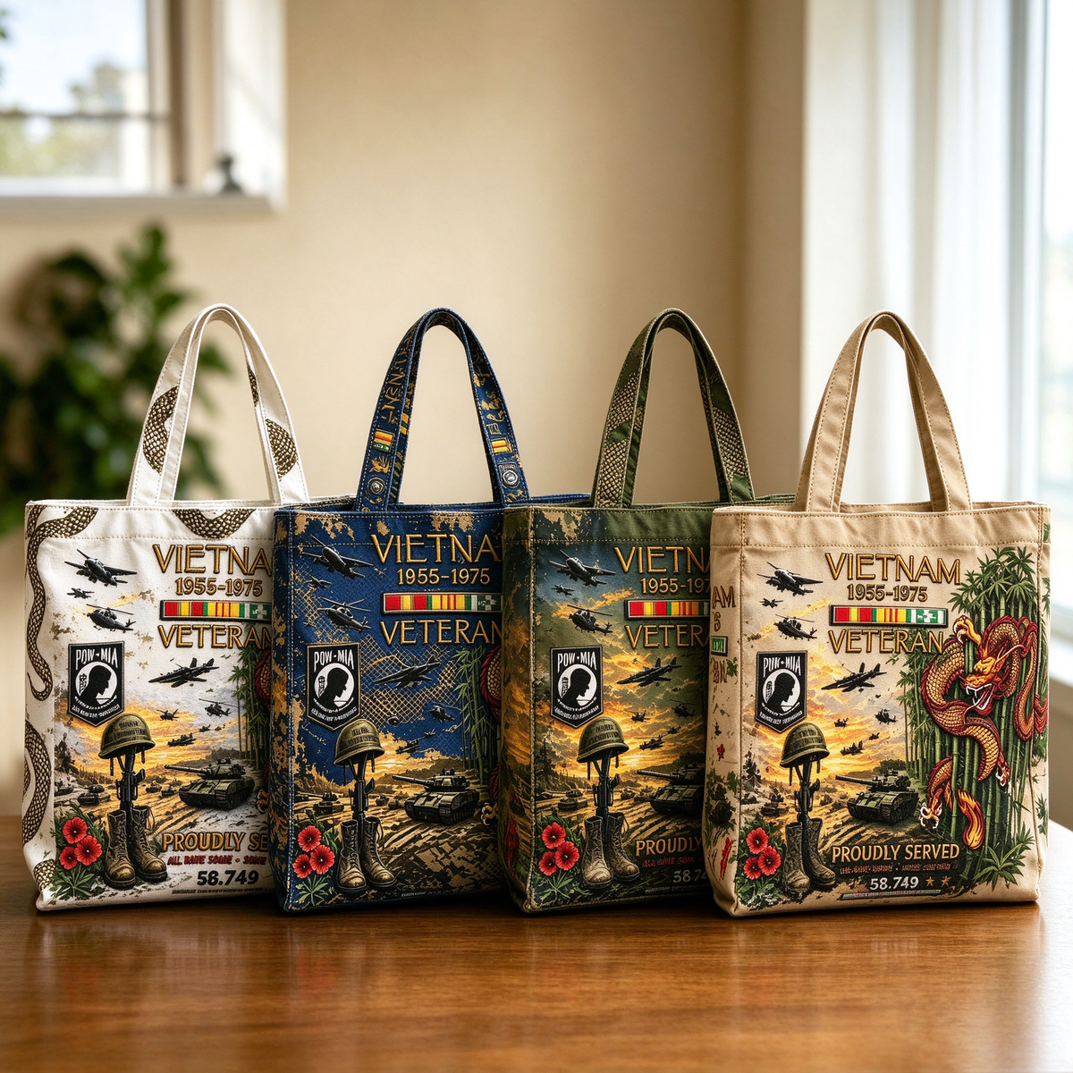 Burgundy Vietnam Veteran Tribute Printed Canvas Tote Bag displayed in a home entryway