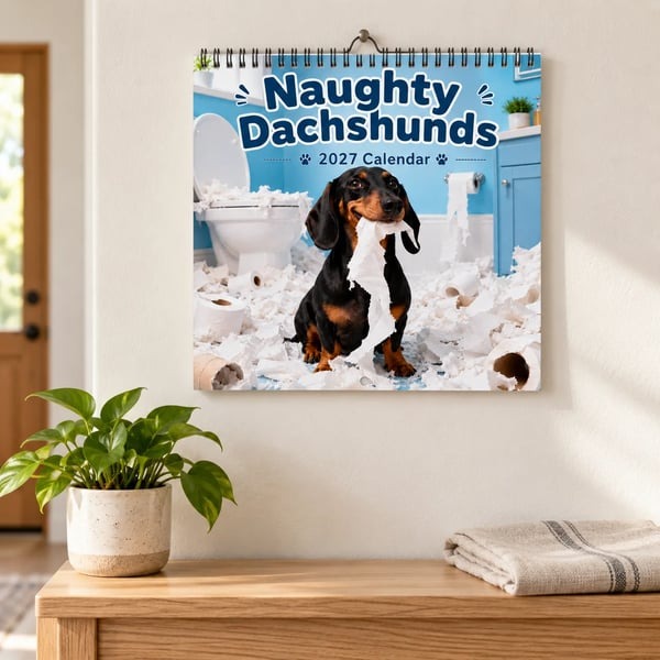Naughty Dachshunds wall calendar displayed in a kitchen
