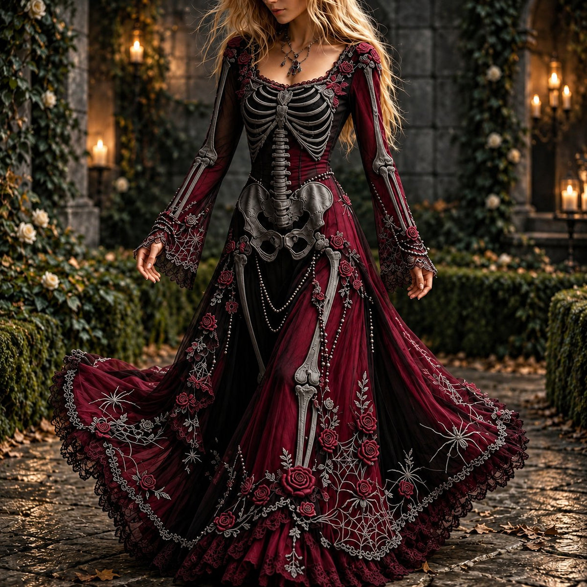 🖤 Gothic Skeleton Rose Maxi Dress