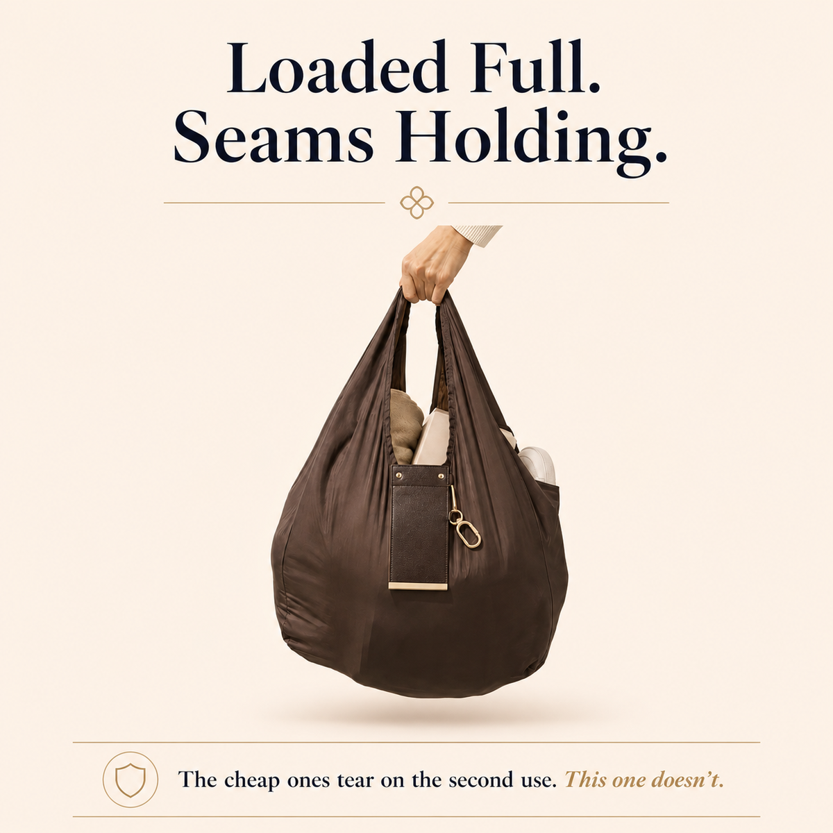 Brown foldable tote shown fully loaded while its seams stay secure