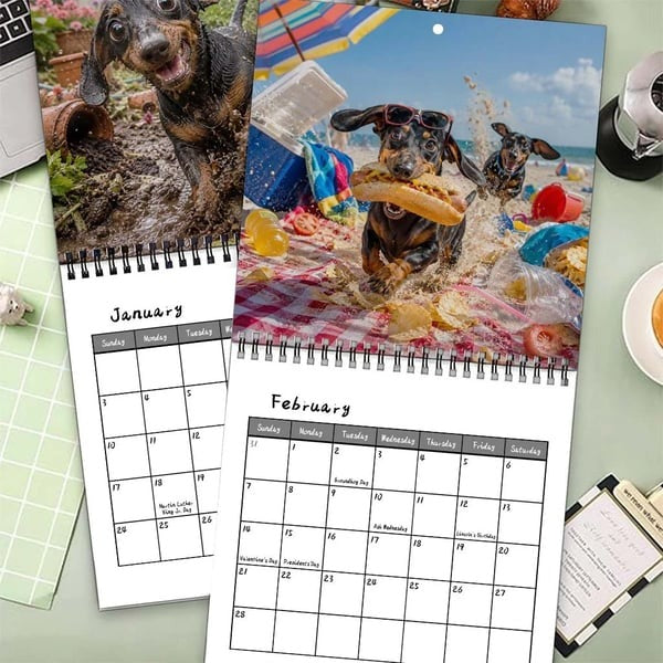 Open monthly pages of the Naughty Dachshunds 2027 wall calendar