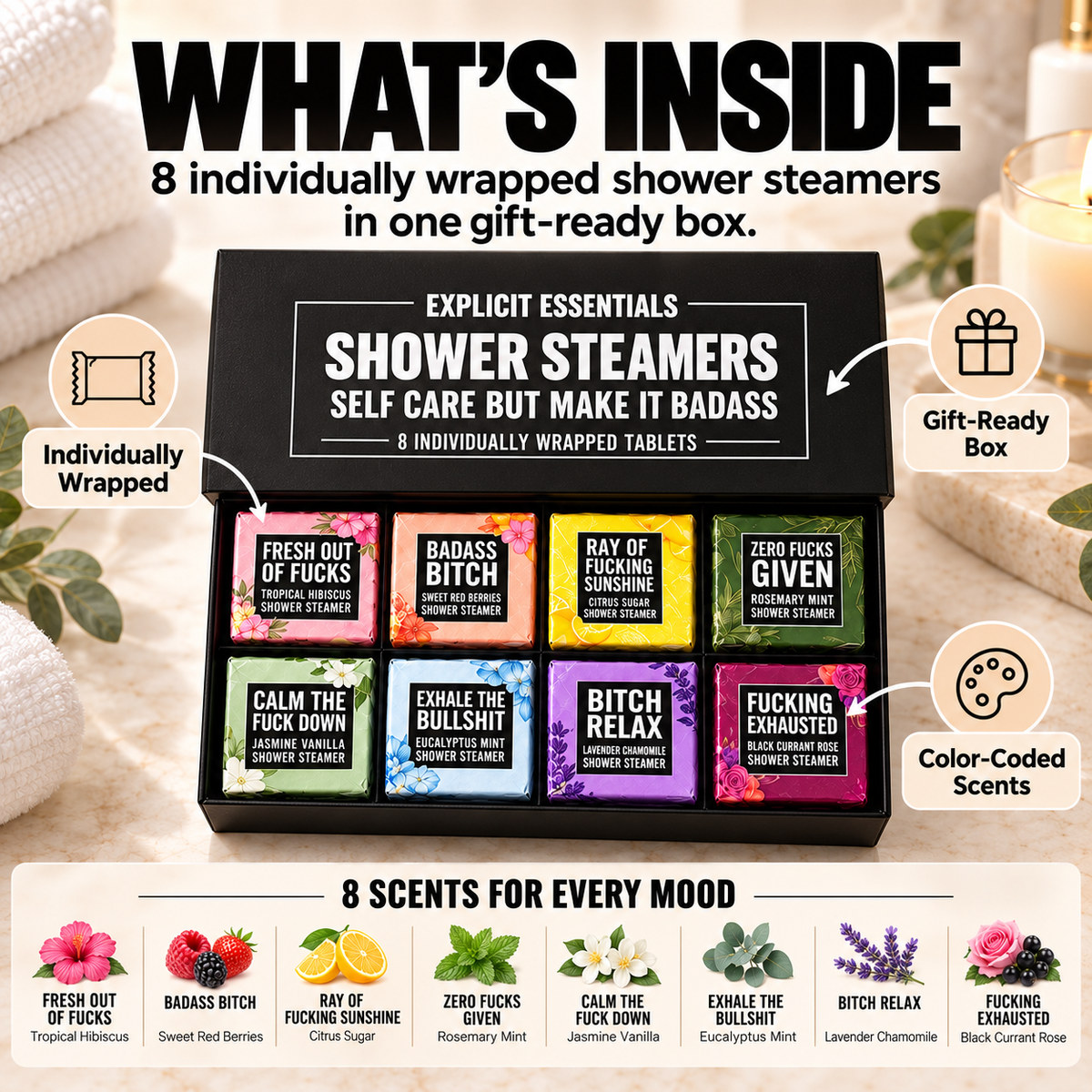 ✨Bad Day Shower Steamers Gift Set – 8 Scented Self-Care Shower Tablets