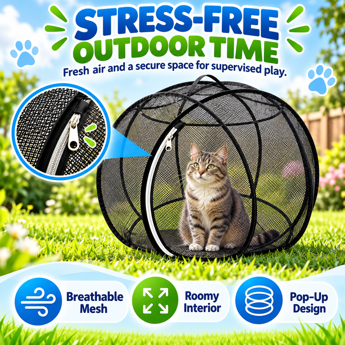 🐱 Portable Pop-Up Cat Playpen – Breathable Mesh Enclosure for Indoor & Outdoor Fun