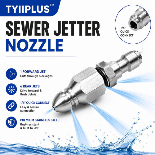 Stainless Steel Sewer Jetter Nozzle – 1/4' Quick Connect Drain Cleaning Attachment for Pressure Washers