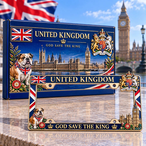 ⏳ Last Day 49% OFF – 🇬🇧 United Kingdom “God Save the King” License Plate Frame | Premium Metal, 3D Enamel Details & Secure Screw-On Fit 👑